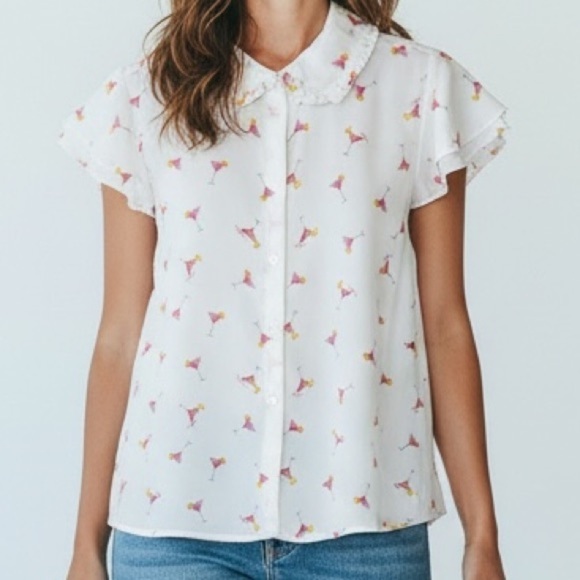 Autres Filles Tops - Autres Filles Novelty Martini Cocktail Print Flowy Feminine Blouse Size M *NWT*